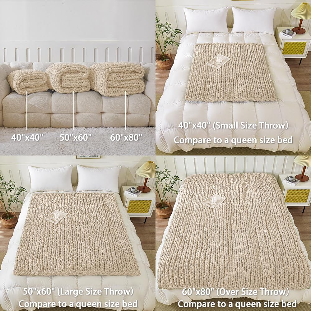 WESHIONGOO Chunky Knit Blanket Throw 40"×40" Knitted Throw Blankets for Couch Bed Fluffy Soft Blanket with Jumbo Chenille Yarn Thick 100% Handmade (Linen)