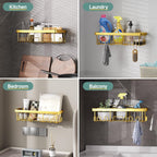Veken Adhesive Shower Caddy 6-Pack,Gifts for Women Mom,Heavy Weight Bearing,Large Wall Mounted Bathroom Shelves Rack,Organizer Storage Accessories with Soap Dish&Toothbrush Holder,Bright Gold