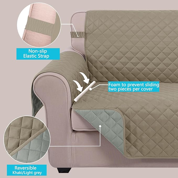 U-NICE HOME Reversible Recliner Chair Covers, Khaki/Light Grey | 23''Armchair - Image 4