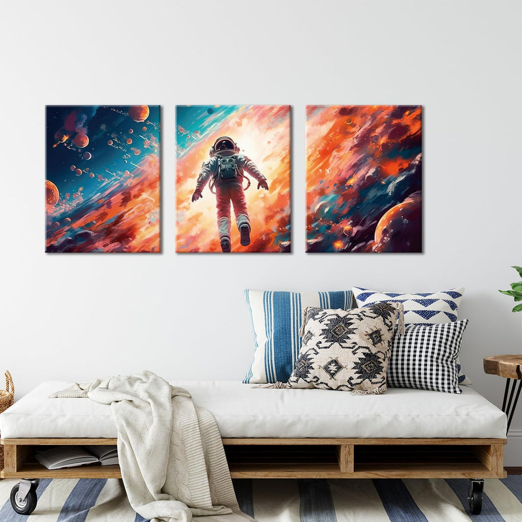 Galaxy Canvas Prints & Posters - 3 Panel Framed Astronaut Artwork for Boys Bedroom & Home Decor