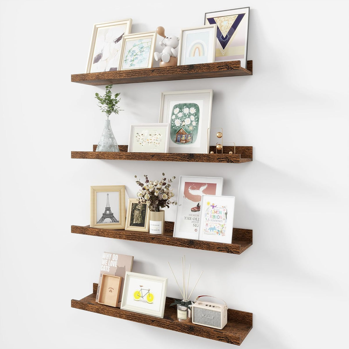 Picture Ledge Shelf, Wood Floating Shelves Set of 4, 24 inch Picture Ledge Shelves, Photo Ledge Nursery Book Shelves Wall Mounted for Living Room Kids' Room Bedroom, Color Brown