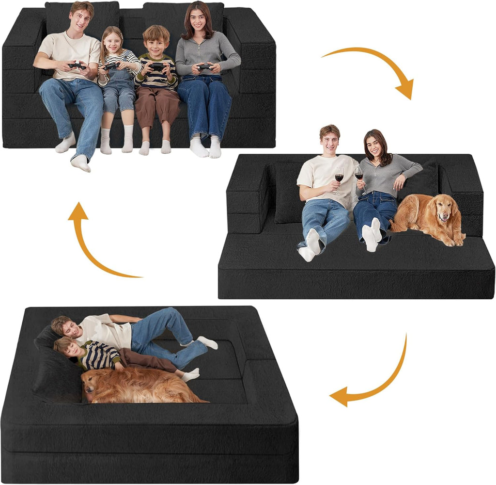 Folding Bean Bag Chair for Adults,3-in-1 Bean Bag Couch Faux Fur Floor Sofa Large Beanbag Convertible Bean Bag Sofa Bed with Pillow in Bedroom,Living Room,Apartment(Queen,Black)