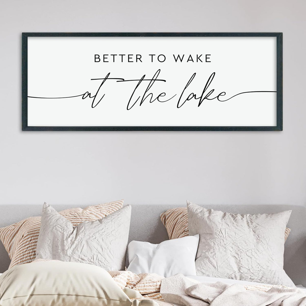 LuZhiQiang Better To Wake At The Lake Above Bed Wall Decor 40"×15" for Lake House Bedroom Over Bed Sign Wood Framed Large Wall Hanging Art (Black)