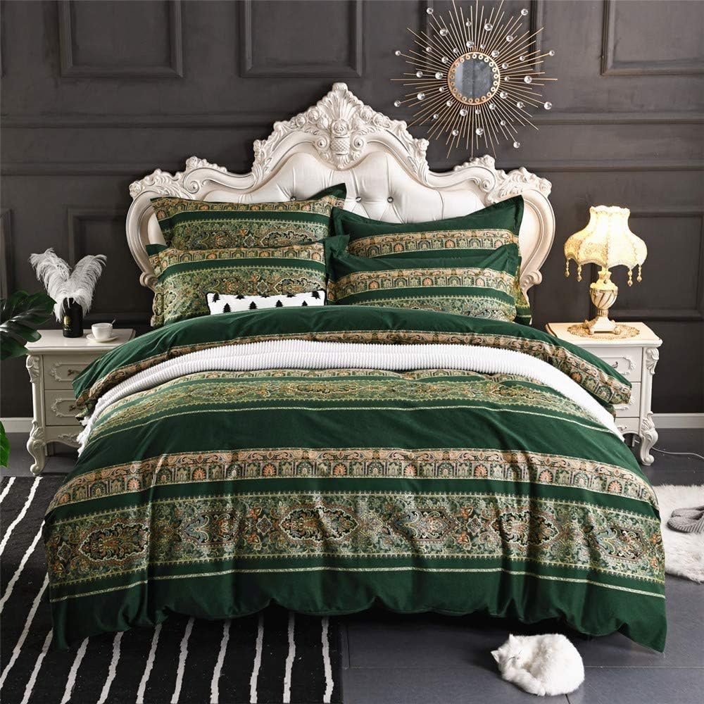 ABREEZE Bohemian Vintage Queen Size Floral Cotton Bedding Set 3Pcs Duvet Cover Set Boho Green Paisley 100% Egyptian Brushed Cotton Reversible Home Bedding Collection