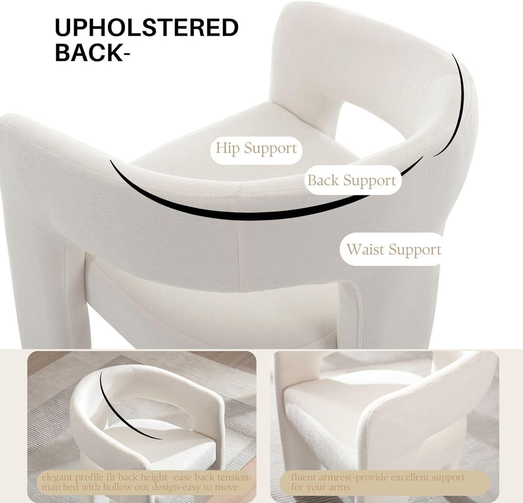 White Chenille Dining Chairs Set of 2, Modern Barrel Dining Room Chairs Upholstered Accent Chair with Arms and Round Back for Living Room Kitchen Armchair No Assembly Needed
