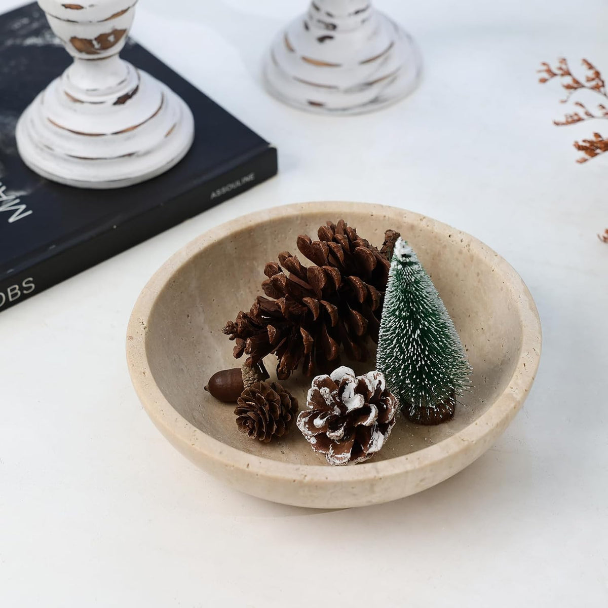 Marble Decorative Bowl for Kitchen Counter, Natural Travertine Serving Bowl with,Modern Display Bowl for Dining Table Centerpiece Home Decor(7.8 Inch)