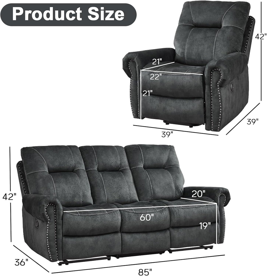 EBELLO 2 Pieces Reclining Couch Furniture Set for Living Room, 1 Seat Power Recliner and a 3 Seater Sofa, Vintage Rivet Mid-Century Design for Living Room, Grey