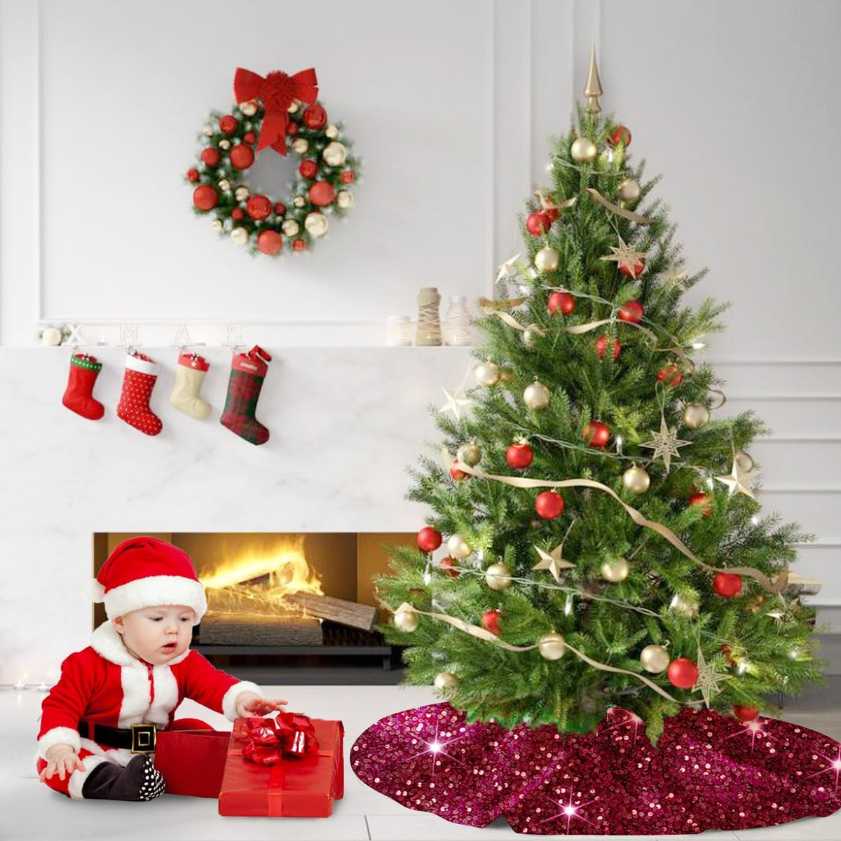 MODFUNS Sequins Christmas Tree Skirt 46 Inch Burgundy Xmas Tree Skirt Soft Fabric Christmas Tree Floor Mat Velvet Tree Skirt Christmas Tree Carpet for Indoor Home Party Decorations