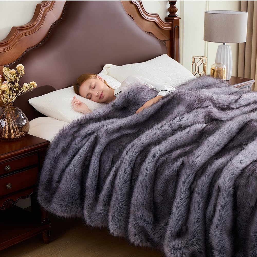 Fluffy Faux Fur Throw Blanket – Super Soft Warm Thick Plush Blanket for Bed, Couch & Office, Cozy Fuzzy Throw with Flannel Backing,60"x80", Grey