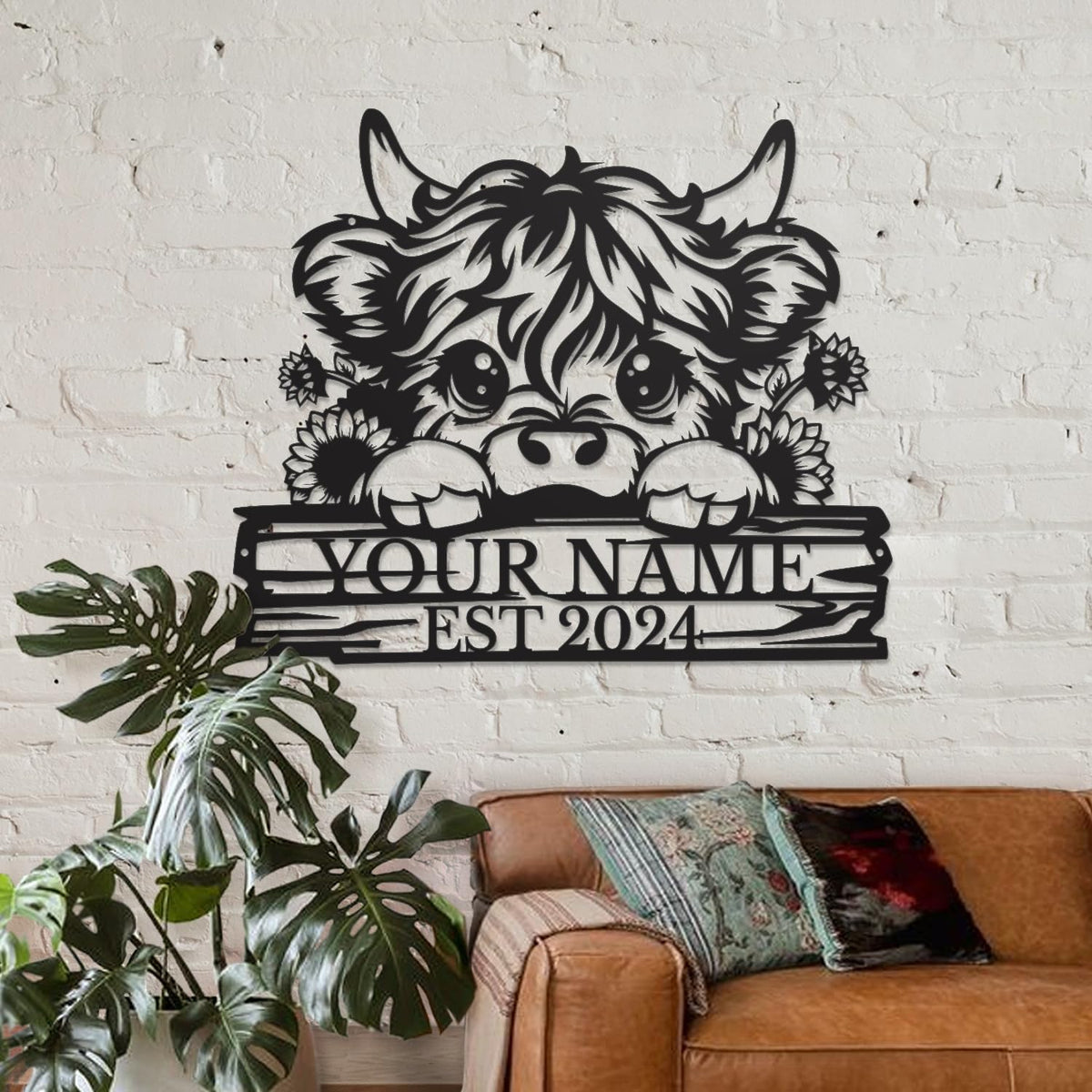 Personalized Highland Cow Name metal Signs,Custom Highland Cow Metal Shed Wall Decor,Black Metal Wall Art Plaques Outdoor wall Decorative Signage (Style D)