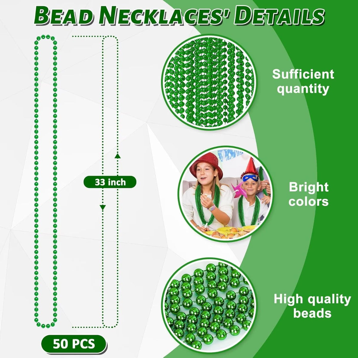 50PCS St Patricks Day Necklace, St. Patrick's Day Green Bead Necklace Accessories, Metallic Irish Saint Patrick Mardi Gras Necklaces Bulk, Parade Throw Accessories for Mardi Gras St. Patricks Party