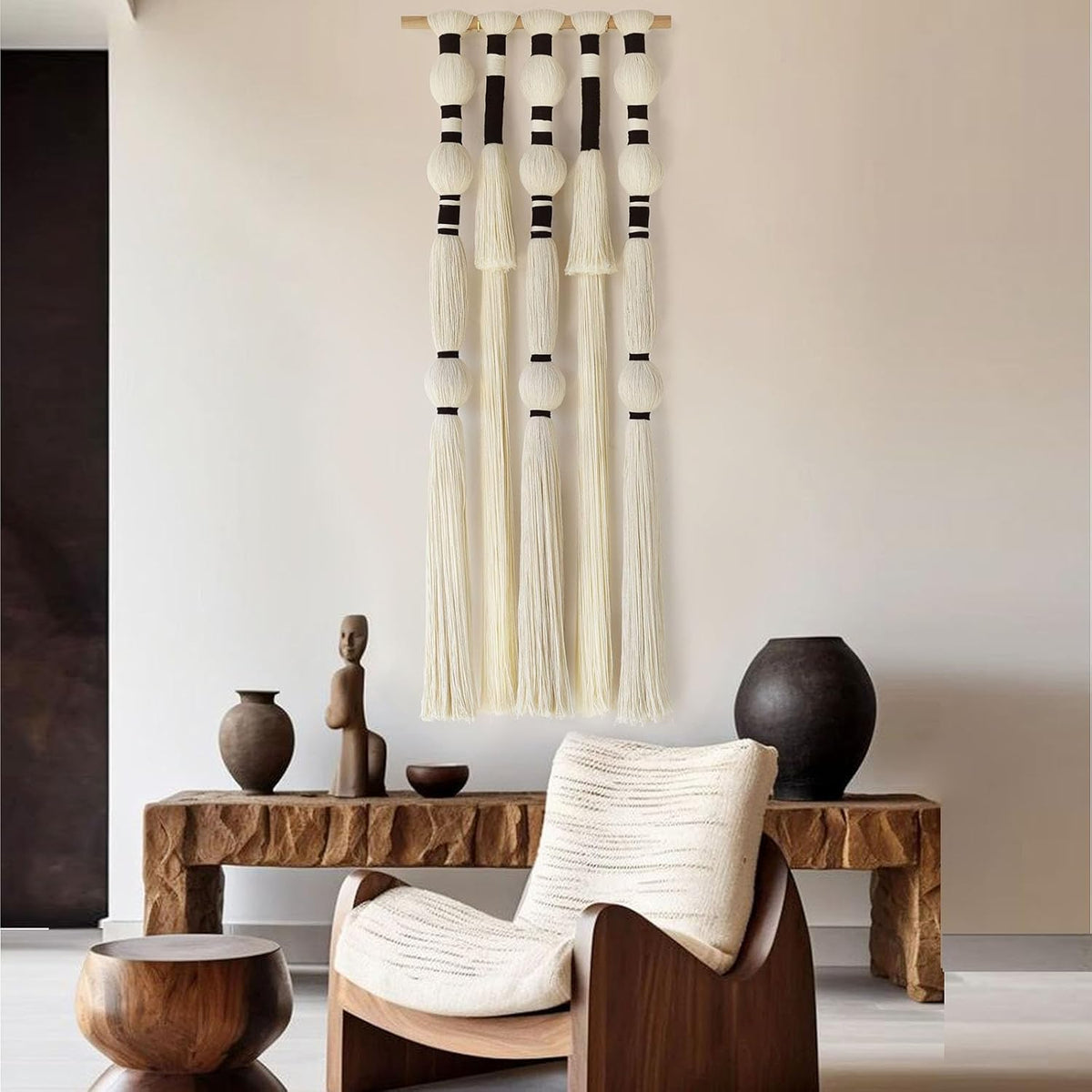 Macrame Wall Hanging Tassels Sphericity Cotton Textile Hanging Geometric Yarn Wall Art for Bedroom Living Room Decor 15.7" W x 39" L