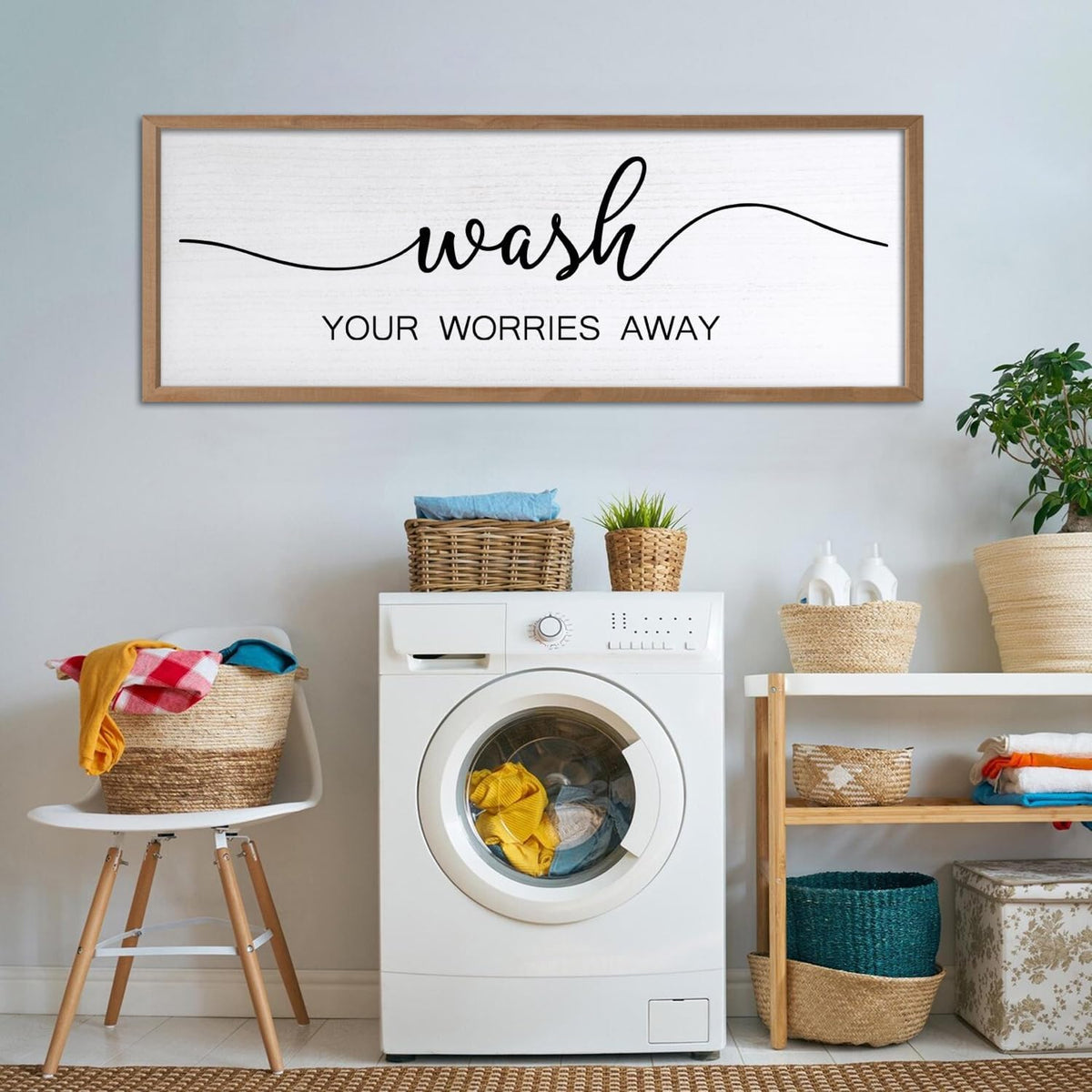 Wash Your Worries Away Wall Art Sign 32"×12" Laundry Room Large Wood Framed Restroom Toilet Wall Decor Hanging (Wood)