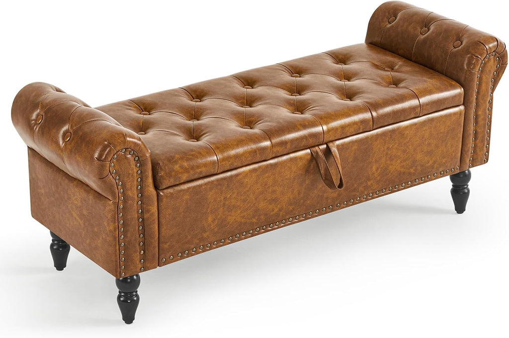 Furniliving Storage Ottoman Bench, Leather Benches End of Bed Bench with Solid Wood Legs Upholstered Ottoman Bench with Storage Indoor Bench for Living Room with Rolled Arm, Entryway, YellowBrown