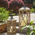 Glitzhome Mondern Farmhouse Wood Metal Lanterns Decorative Hanging Candle Lanterns Set of 2, Natural (No Glass)
