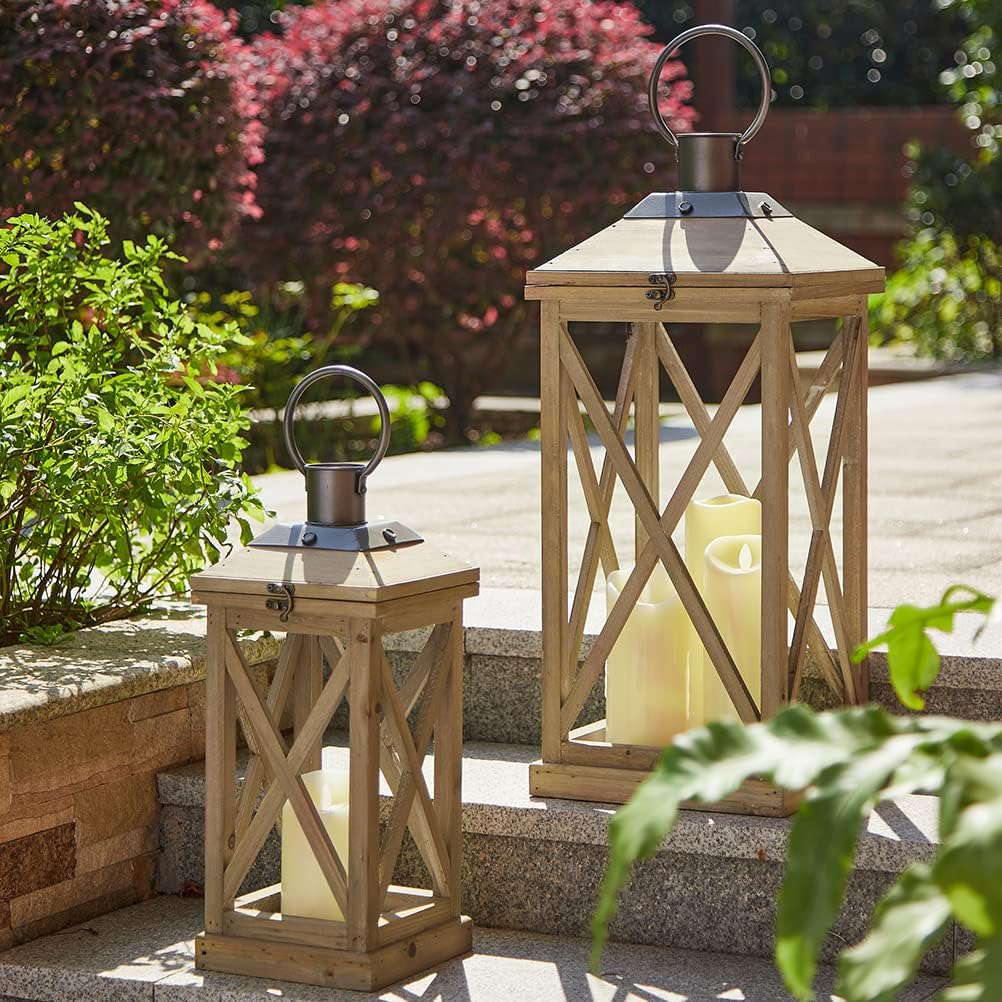 Glitzhome Mondern Farmhouse Wood Metal Lanterns Decorative Hanging Candle Lanterns Set of 2, Natural (No Glass)