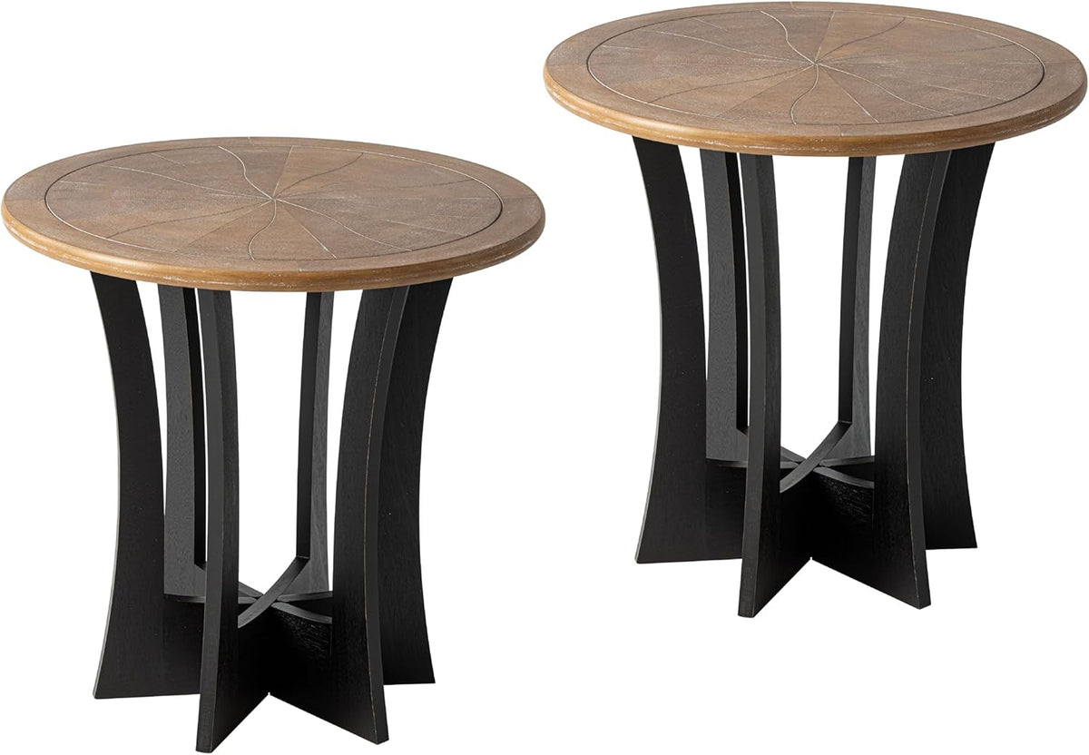 Farmhouse Round End Table X 2P with Criss-Cross Wood Legs, Rustic French Country Side Table for Dinning or Living Room, Modern, Black, Natural Wood