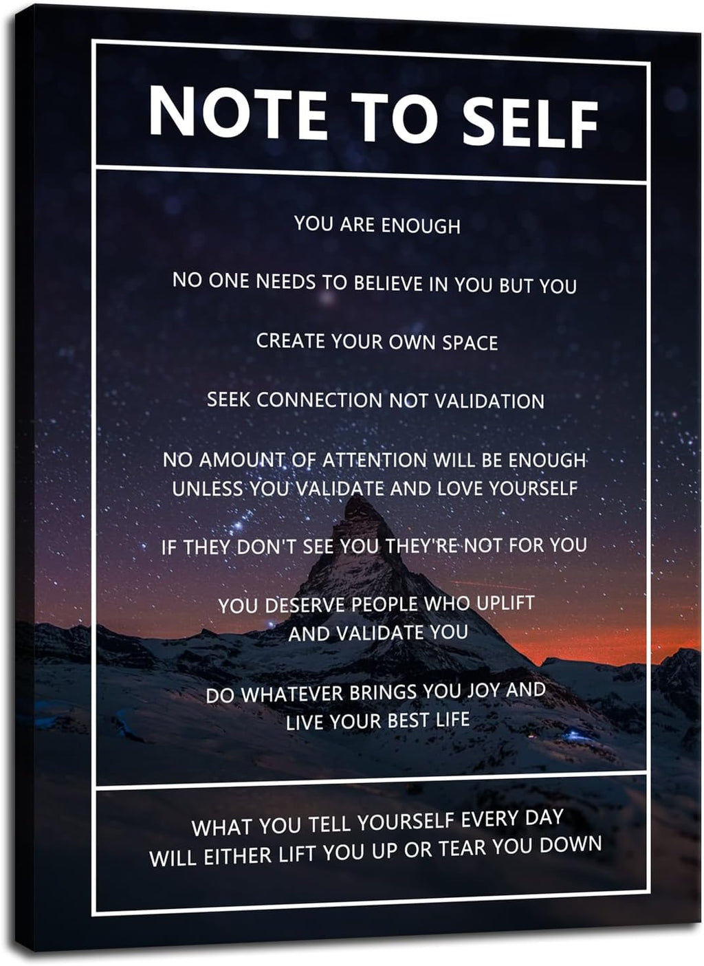 Motivational Canvas Wall Art for Office Note to Self Inspirational Snow Mountain Starry Sky Poster Inspiring Canvas Painting Prints Wall Pictures for Home Decor Framed Artwork [30''W x 40''H]