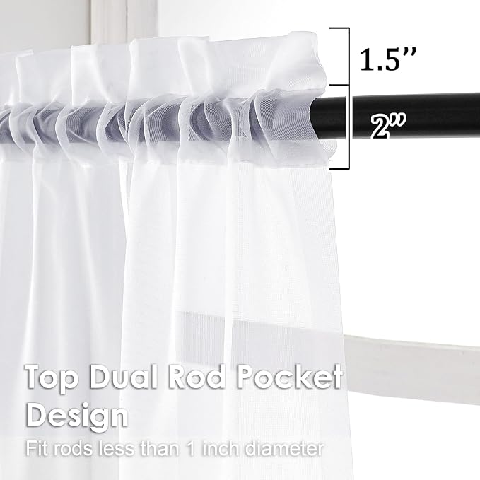 2 Panels Sheer White Curtains 54 Inches Length Window Treatment - Image 3
