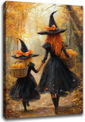 Mother Witch And Child Daughter Witch Wall Art,Halloween Autumn Woodland Forest Path Picture,Family Room Nursery Playroom Kids Room Decor,8"x12" Framed