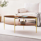 Oval Glass Coffee Table, Mid-Century Modern Design, L43 x W22 x H17 inch, 2-Tier Structure, Olive Shaped Amber Glass Top and Walnut Finish Wood Shelf, Tapered Legs with Gold Finish Frame