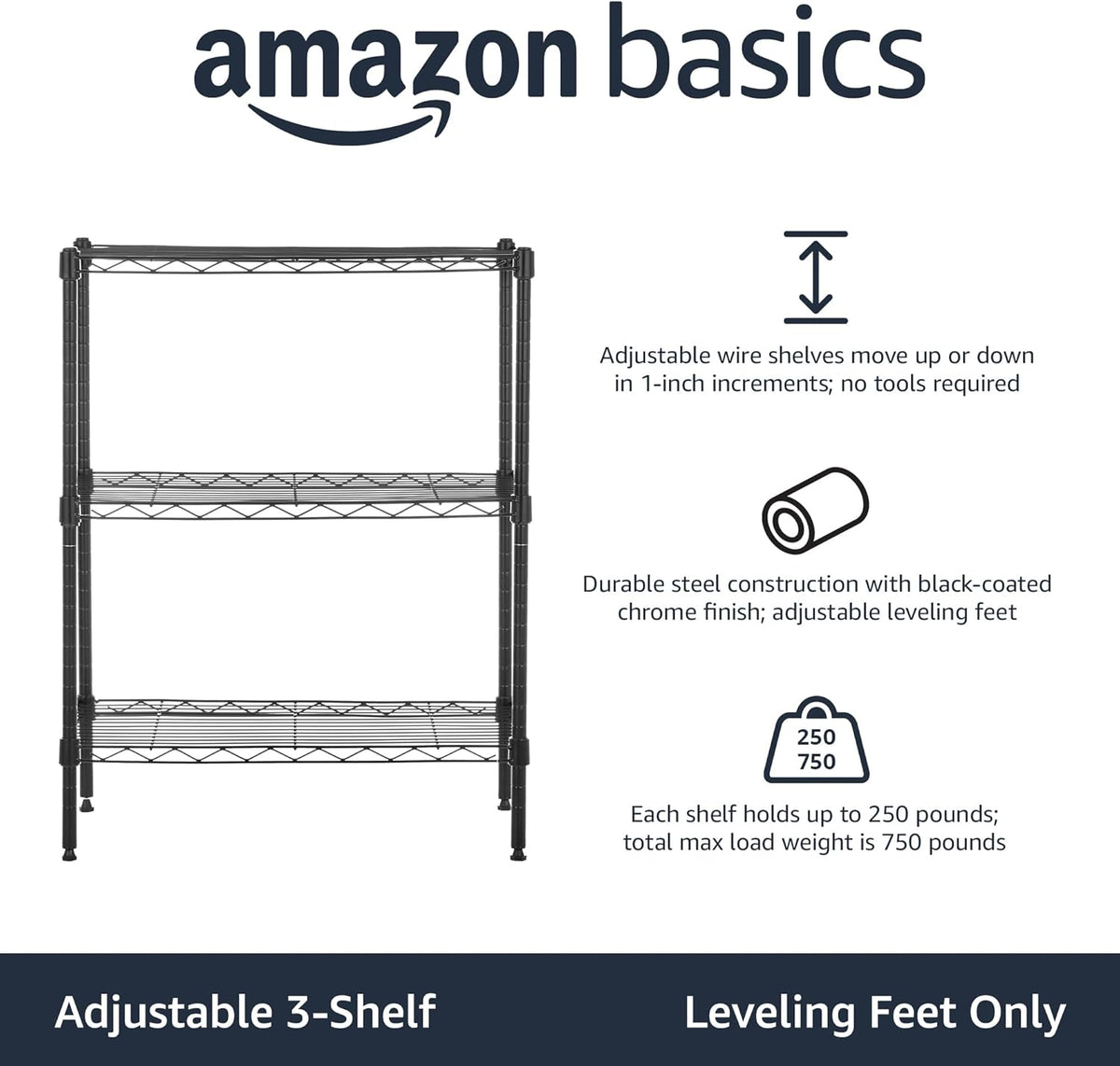 Amazon Basics 3-Shelf Adjustable Heavy Duty Steel Wire Rack Storage Shelving Organizer for Kitchen, Garage, 23.2" L x 13.4" W x 30" H, Black
