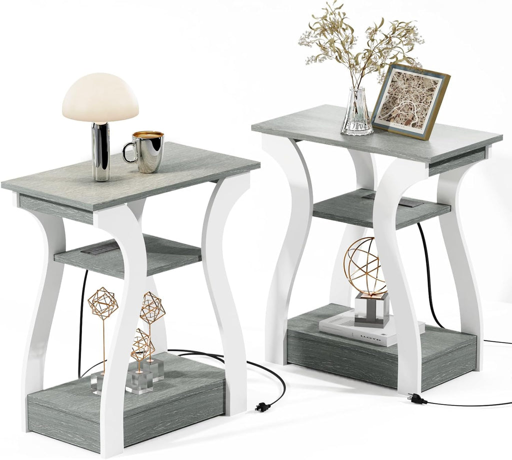 End Tables Living Room Set of 2,Grey End Table with Charging Station,Grey Side Table, Nightstand for Bedroom, 3 Tier End Table with Storage Shelf for Living Room