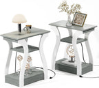 End Tables Living Room Set of 2,Grey End Table with Charging Station,Grey Side Table, Nightstand for Bedroom, 3 Tier End Table with Storage Shelf for Living Room