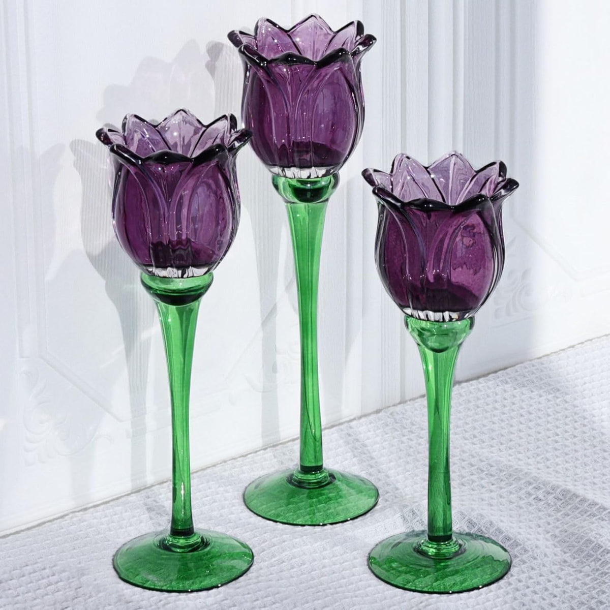 VOHO Purple Tulip Tealight Candle Holder Set of 3, Glass, Purple, Floral, Holidays, Wedding, Romance, Easter, Halloween, Thanksgiving, Christmas, Anniversary & Engagement, Tabletop, 3.15'' x 10.83''