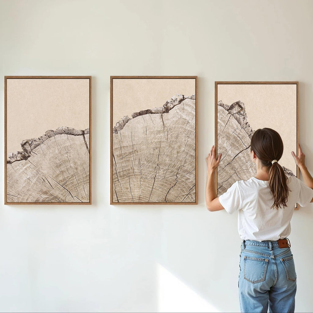 SIGNINART Large Tree Ring Framed Canvas Wall Art Set, Rustic Beige Wooden Wall Decor, Neutral Nature Wood Stump Artwork, Modern Art Prints for Bedroom Living Room Office 24"x36"x3