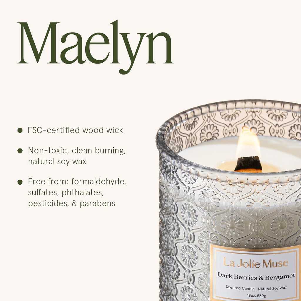LA JOLIE MUSE Dark Berries & Bergamot Candle - Berries, Grape, Caramel | 19 oz Large Wooden Wick Candle | Natural Soy Wax | 90 Hours Clean Burn | Gift-Ready for Hosts & Gatherings | Elegant Home Décor