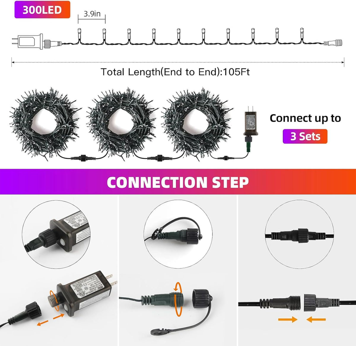 XTF2015 Orange Purple Halloween String Lights, Halloween Light 105ft 300 LED Color Changing, End to End Plug Waterproof Halloweens Decoration Lights Outdoor Indoor for Bedroom Patio Decor