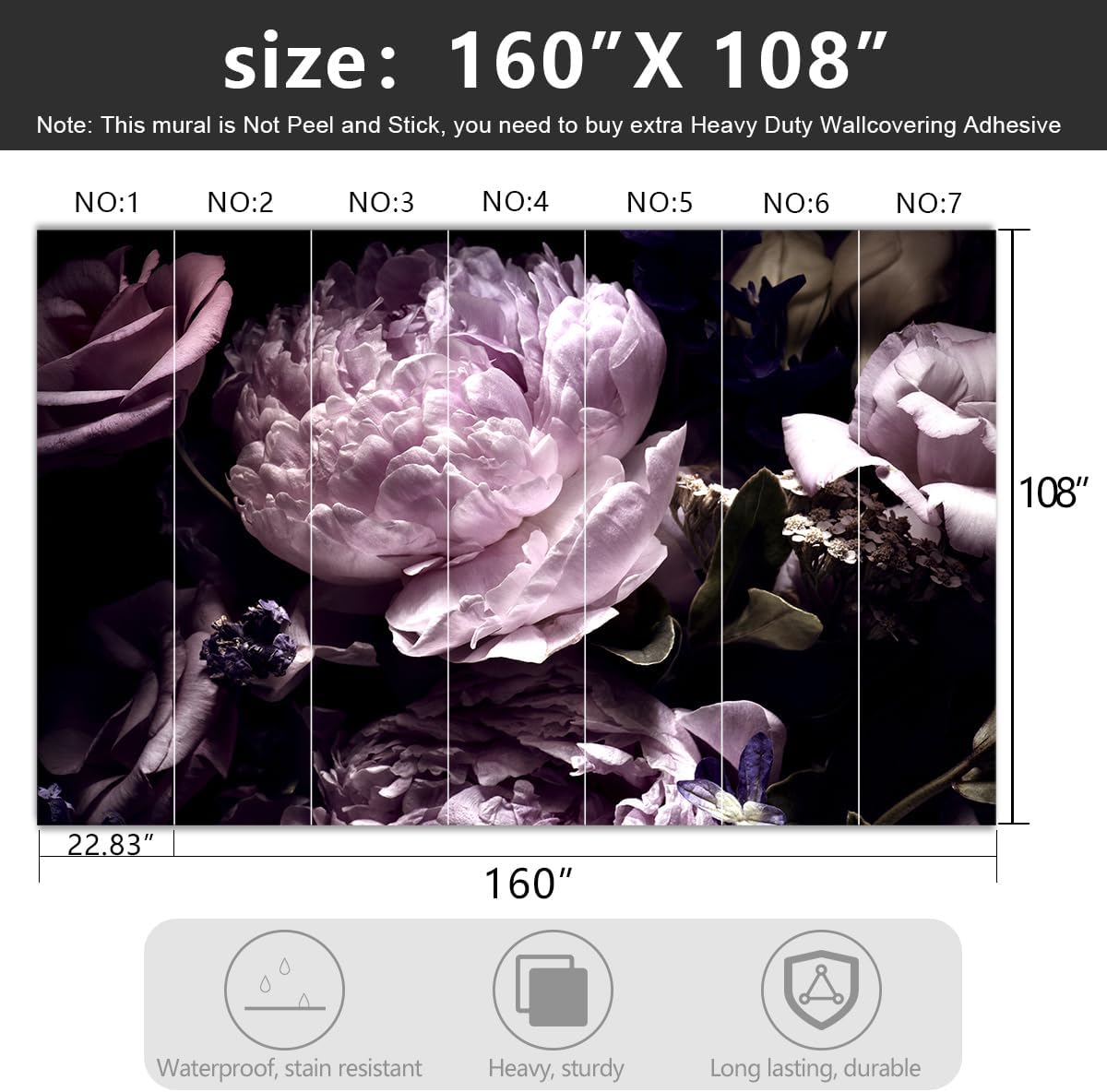 -Black Peony Purple Floral Botanical Fabric Wallpaper Living Room Bedroom Bathroom Dark Flowers Large Wall Mural- 160"x108"（ not Peel and Stick）