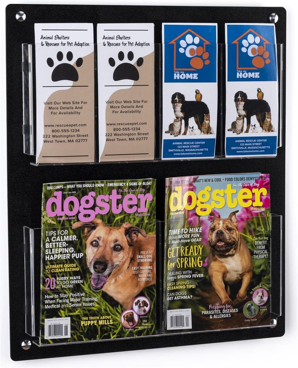 Displays2go Acrylic Wall Mounted Magazine Rack, 4-8 Adjustable Pockets, 2-Tiered - Black (2RP4BLK)