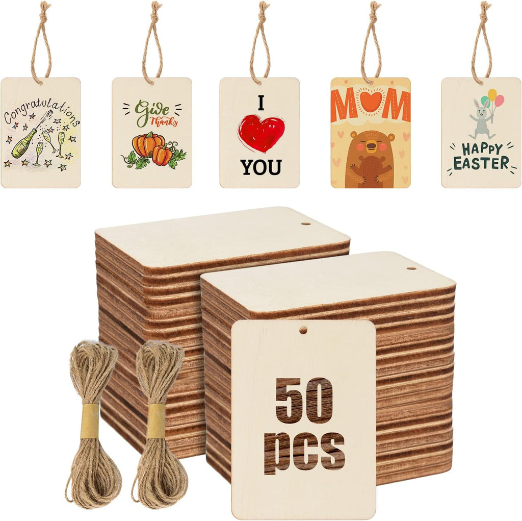 Rectangle Wooden Tags, 50Pcs 2.5 x 3.5 Inch Unfinished Wood Tags Ornaments Blank Square Wooden Slices with Jute Twines for Sign Tags Christmas Home Party Hanging Decoration
