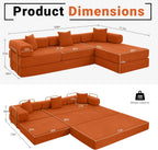 108" Oversized Convertible Sleeper Sofa Bed, Corduroy L Shape Sectional Couch, Folding Sofa Bed with Side Pocket, Modern Cloud Floor Mattress Couch, Modular Sofa for Living Room, Orange