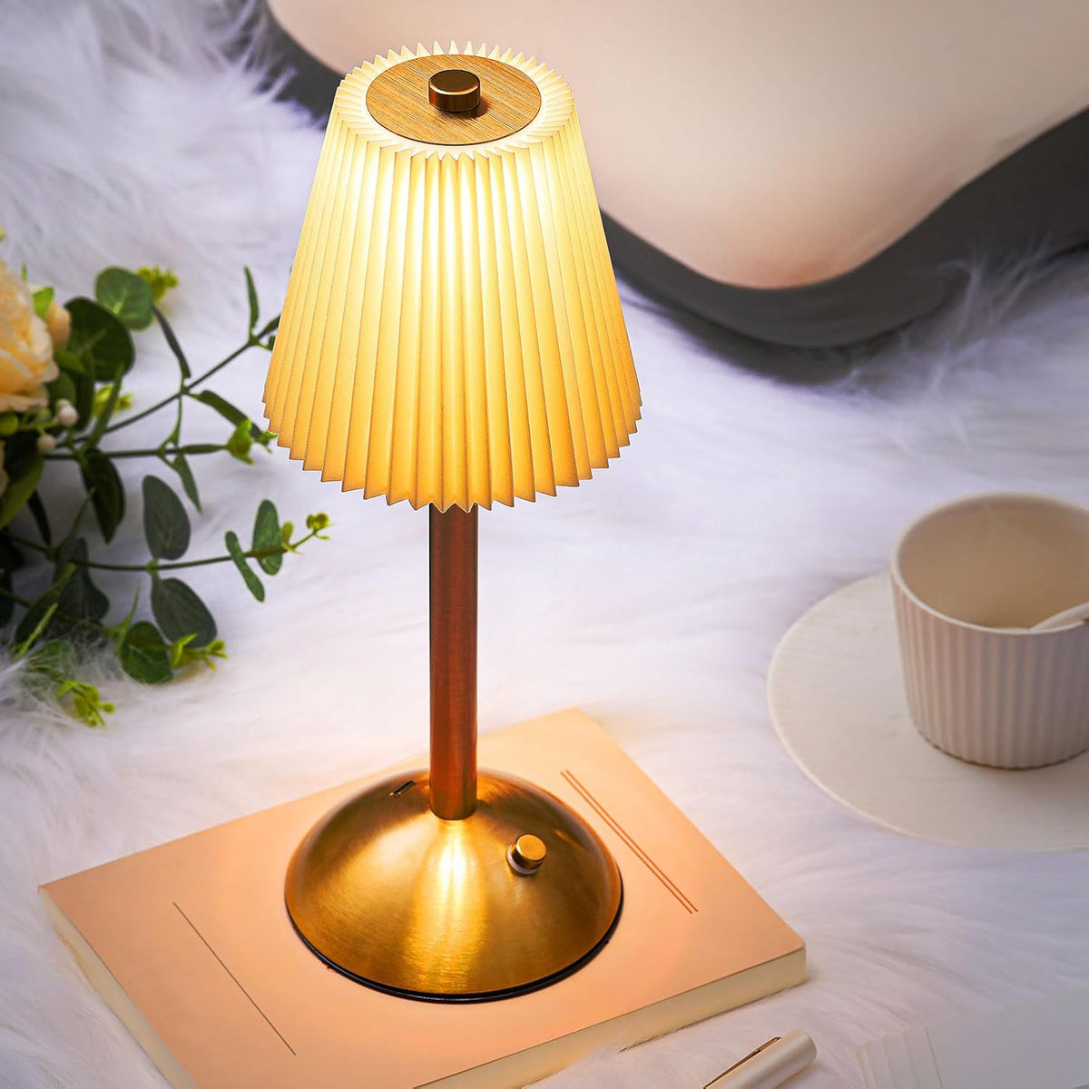 Liliful 2 Pcs LED Portable Cordless Table Lamp Touch Battery Operated Rechargeable Desk Lamp 3 Color Dimmable for Bedroom Living Room Dining (Beige Cloth Style,Gold)
