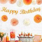 Orange Hippie Birthday Party-Decorations Paper-Flowers - 14pcs Happy Banner Fall Honeycomb Tissue Pom Poms,Boho Streamers Garland Fans,Sweet Peach Groovy Sunset Groovy Hanging Supplies Decor Hugfond
