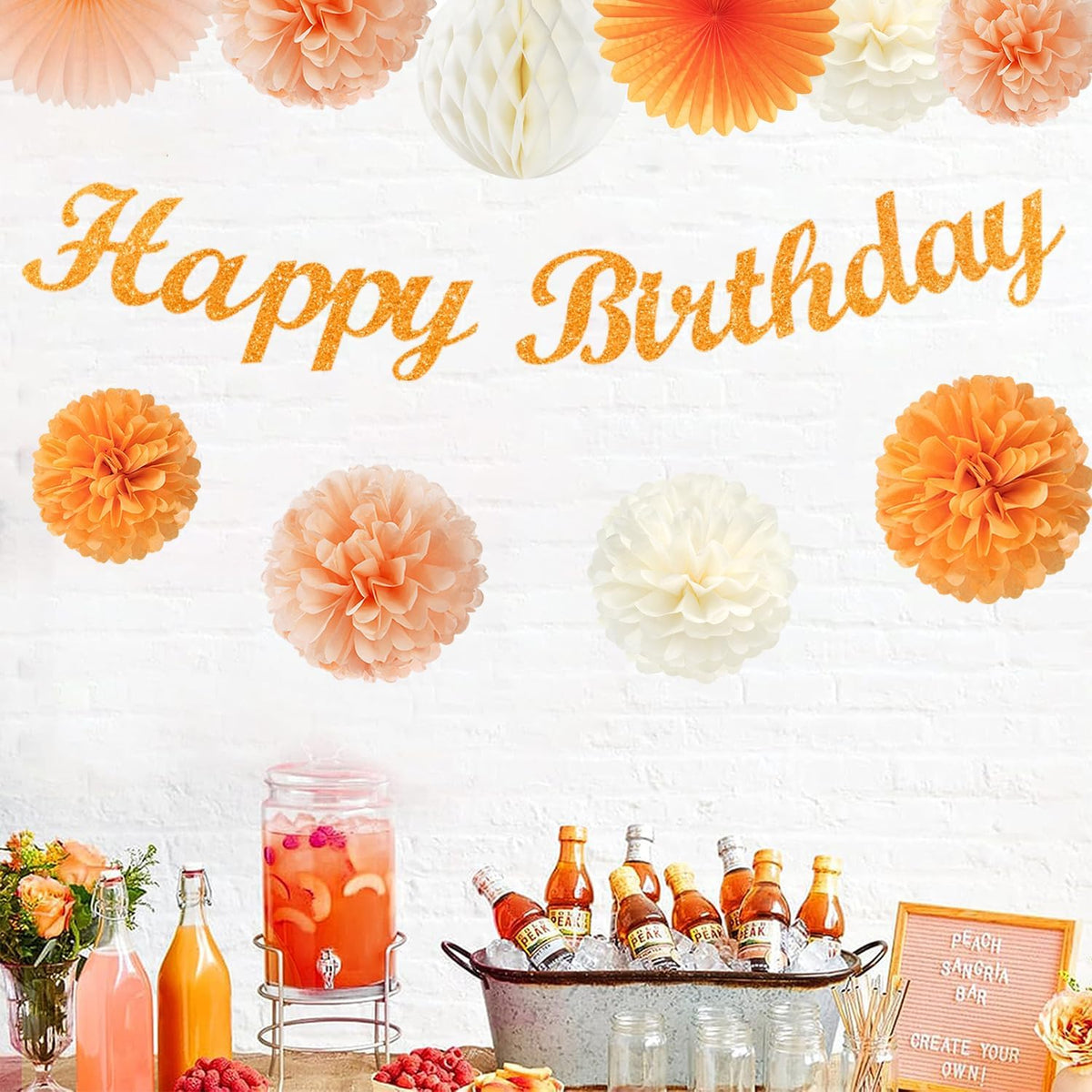 Orange Hippie Birthday Party-Decorations Paper-Flowers - 14pcs Happy Banner Fall Honeycomb Tissue Pom Poms,Boho Streamers Garland Fans,Sweet Peach Groovy Sunset Groovy Hanging Supplies Decor Hugfond