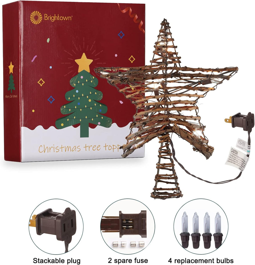 Rattan 3D Star Tree Topper - 12" Rustic Rattan Star with Built-in 10-Bulb String Lights for Christmas Tree Decoration