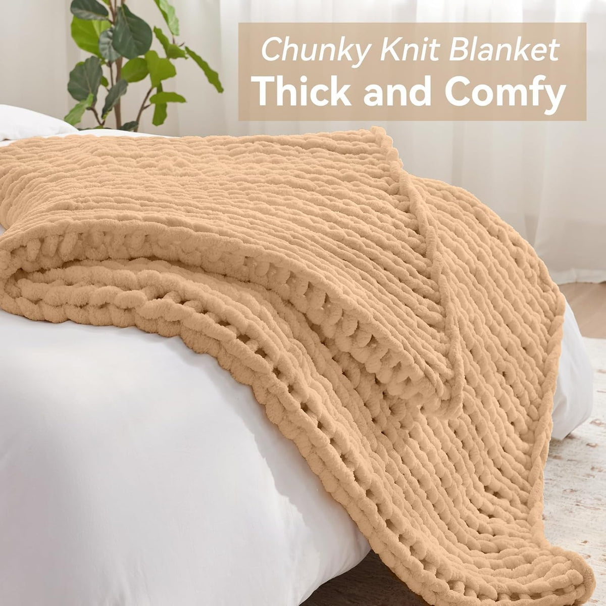 Chunky Knit Throw Blanket, 60''*80'' Knitted Throw Chenille Yarn for Bed Couch, Handmade Beige Crochet Big Thick Blanket, Machine Washable Cute Comfy Blanket for Home Decor