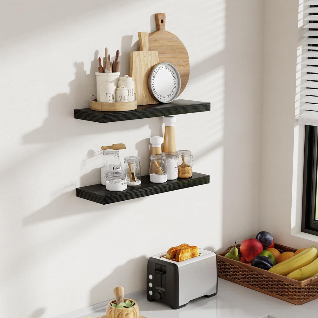 24 Inch Floating Shelves, 8 Inch Deep Floating Shelves for Wall, Hanging Shelf with Invisible Brackets, Deep Shelves for Bathroom, Bedroom, Living Room, Black, Set of 2