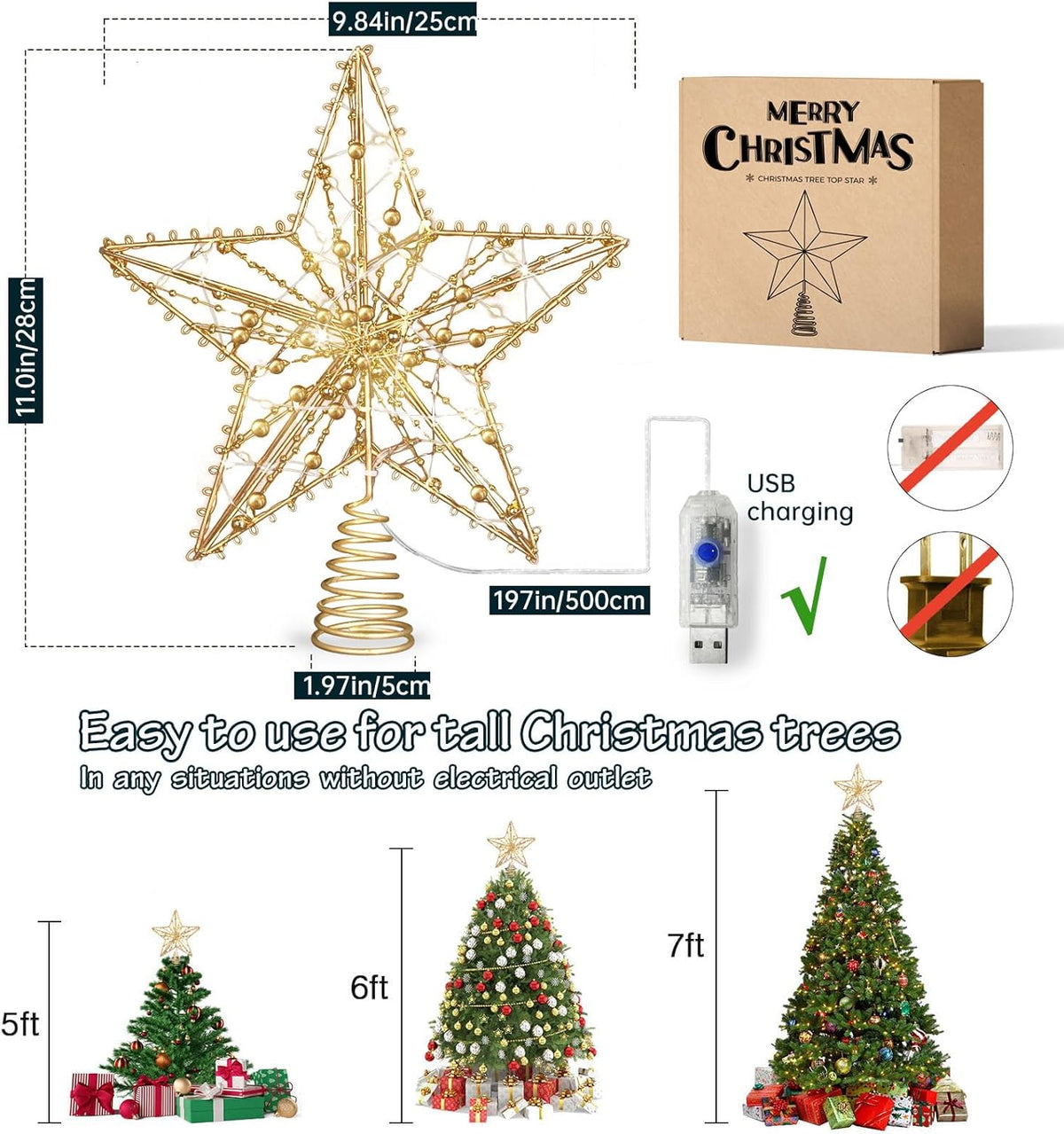 Christmas Tree Topper Star, Gold Star Tree Toppper with 50 Warm LED Lights Glittered Pearl Beads and 8 Lighting Modes Timer for Christmas Tree Decorations and Xmas Holiday Seasonal Decor
