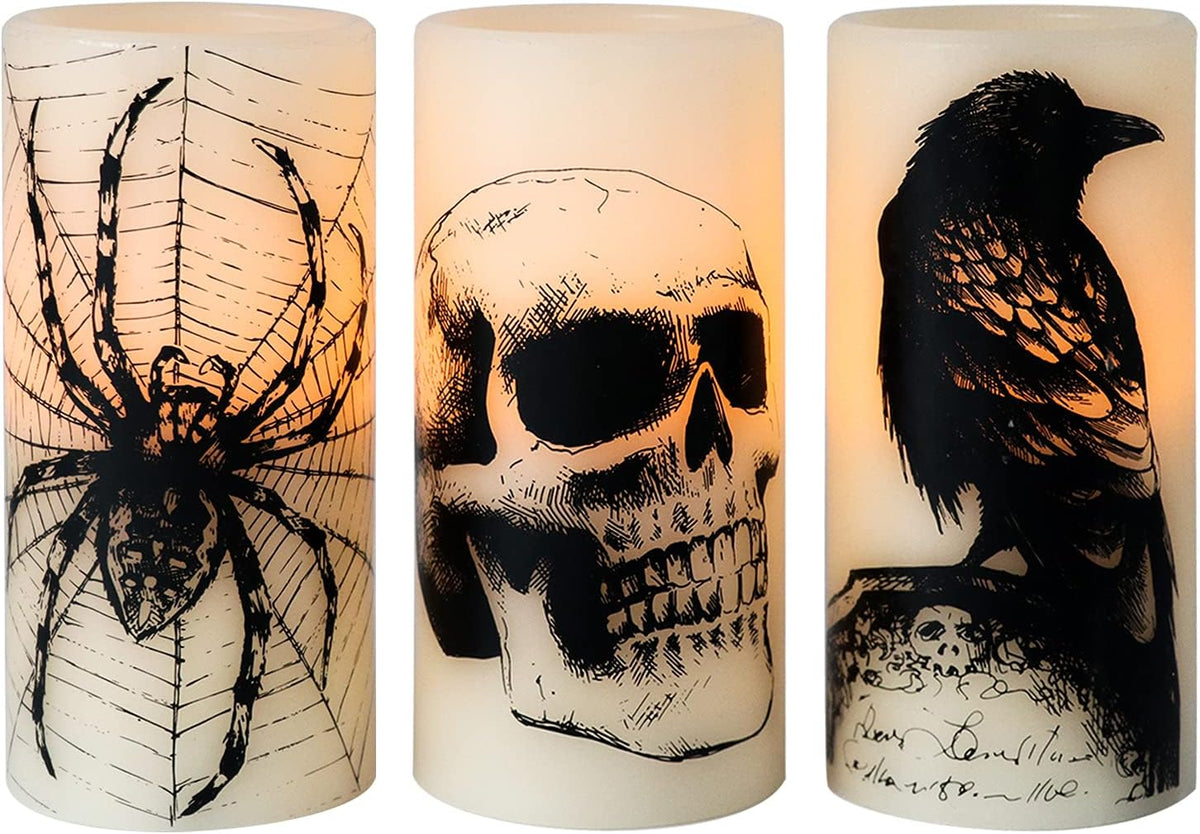 Wondise Halloween Flickering Flameless Candles with 6hrs Timer, Battery Operated LED Real Wax Candles Set of 3 Skull, Spider Web, Crow Raven Decals Halloween Home Decoration Gifts(3 x 3 x 6 Inch)