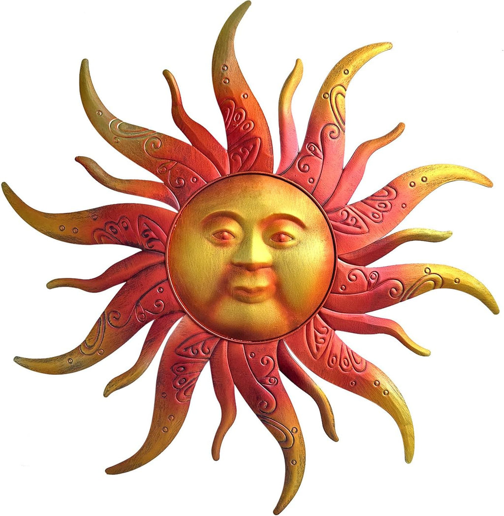 Large Metal Sun Wall Art Decor - 23.6 Inches Rustic Retro Hanging Decoration for Indoor Outdoor, Home Garden Farmhouse Yard Patio Fence Living Room Bedroom (Gold)