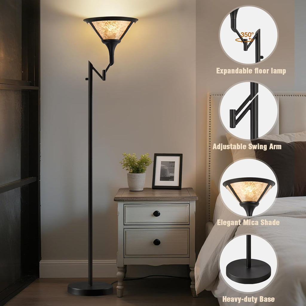 Floor Lamps for Living Room - 70" Black Torchiere Standing Floor Lamp with White Mica Shade - Tall Corner Lamp Decor for Bedroom with Adjustable Swing Arm LED Reading Light for Home Office