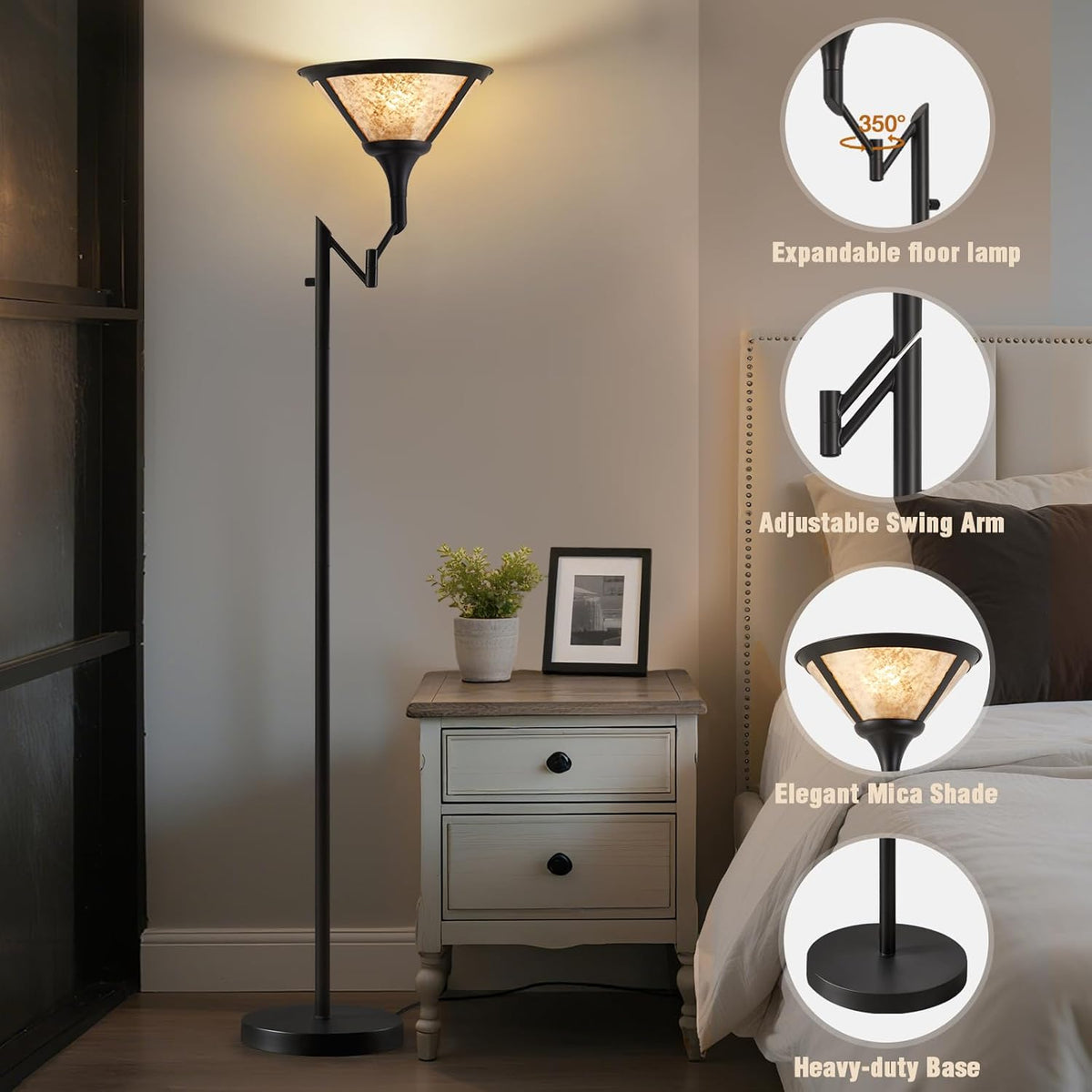 Floor Lamps for Living Room - 70" Black Torchiere Standing Floor Lamp with White Mica Shade - Tall Corner Lamp Decor for Bedroom with Adjustable Swing Arm LED Reading Light for Home Office