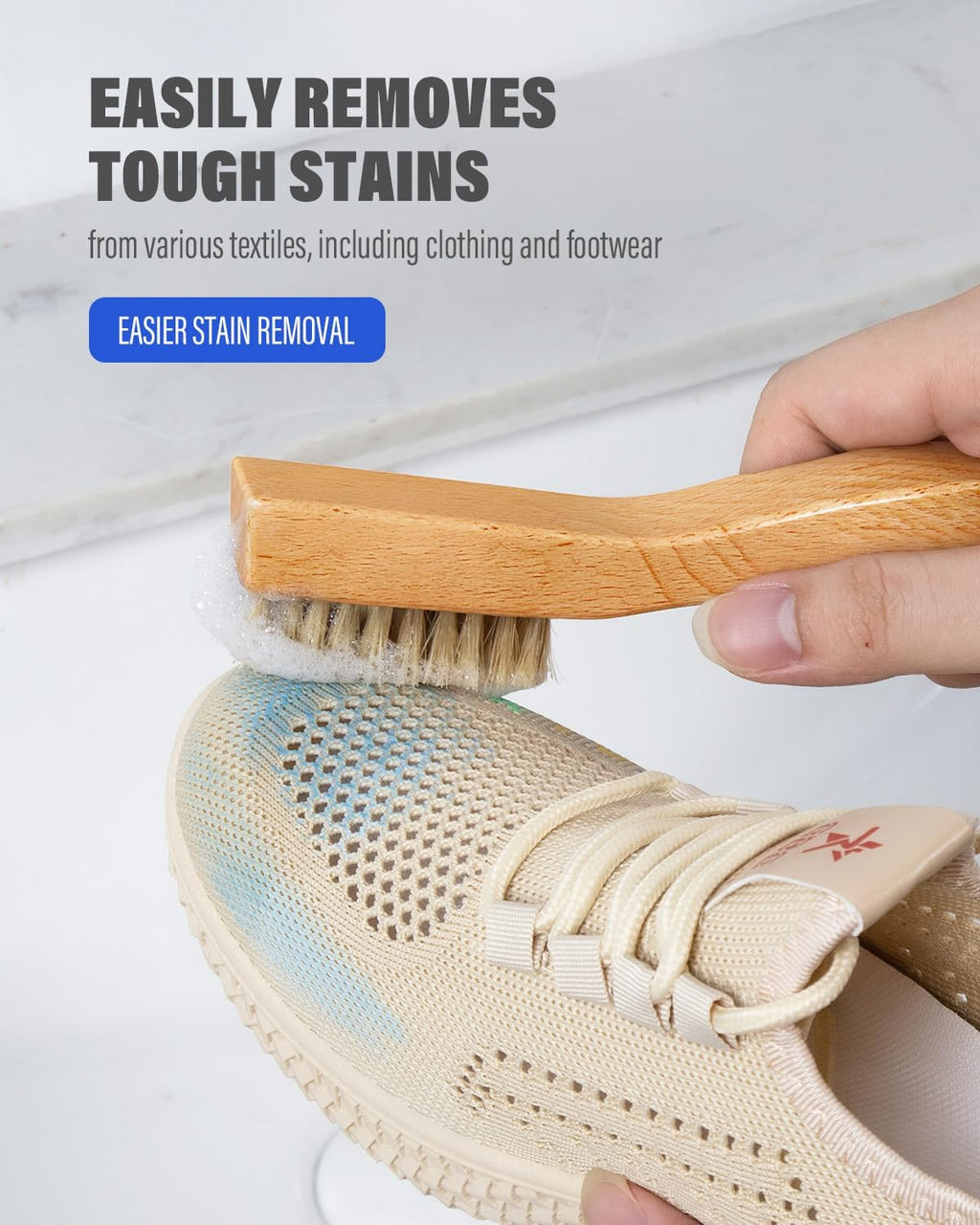 VASSON Natural Soft Boar Bristle Laundry Stain Brush, Laundry Scrub Brush,Laundry Brush for Stains on Clothes, Gentle Stain Remover for Knits, Cotton, and Linens