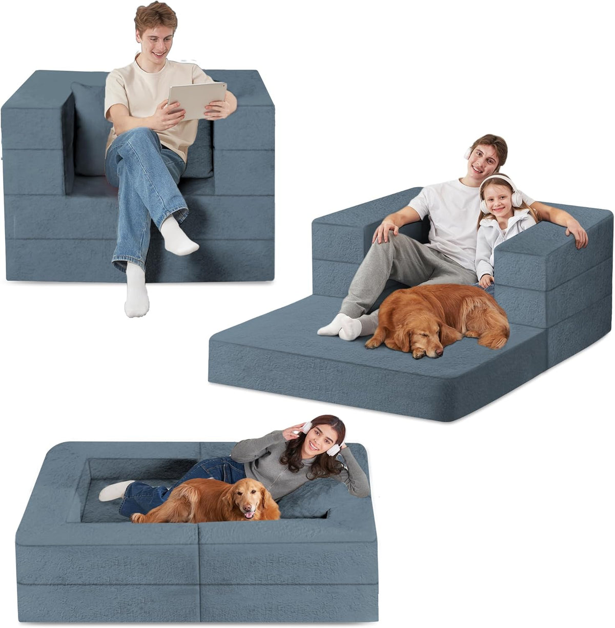 Folding Bean Bag Chair for Adults,3-in-1 Bean Bag Couch Faux Fur Floor Sofa Large Beanbag Convertible Bean Bag Sofa Bed with Pillow in Bedroom,Living Room,Apartment(Twin,Gray)