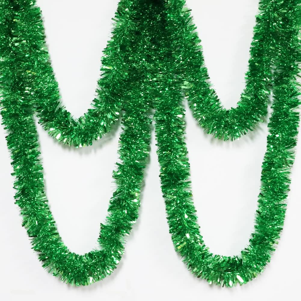 25 ft Long Roll Green Tinsel Twist Garland, Shiny Metallic Foil Decorations for Parade Floats, Halloween, Christmas Eve, New Year Parties (4" x 25' roll, Green)